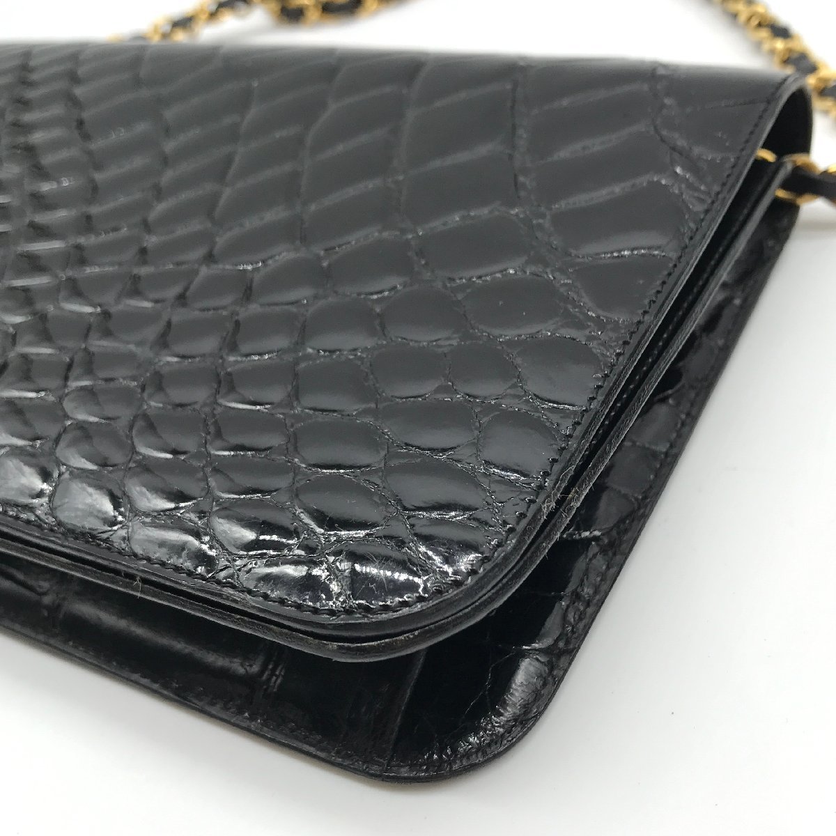 CHANEL シャネル 本クロコ プッシュロック ココマーク チェーン ショルダー バッグ ブラック 美品 M9662_画像4