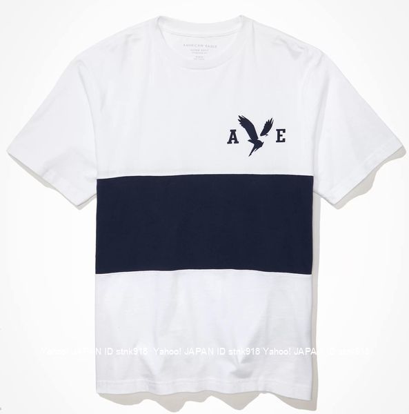 〓アメリカンイーグル/US XL/AE Super Soft Striped Graphic Tシャツ/White/Navy_画像1