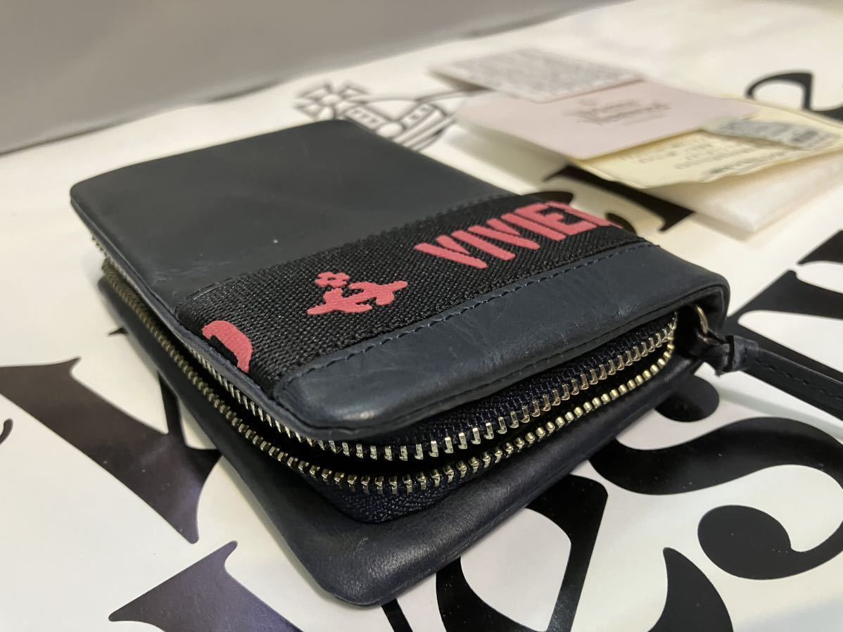 送料込●新品● Vivienne Westwood コンパクト財布 ネイビーB 本牛革 ロゴベルト L字ファスナー ヴィヴィアン ウエストウッド ビビアン