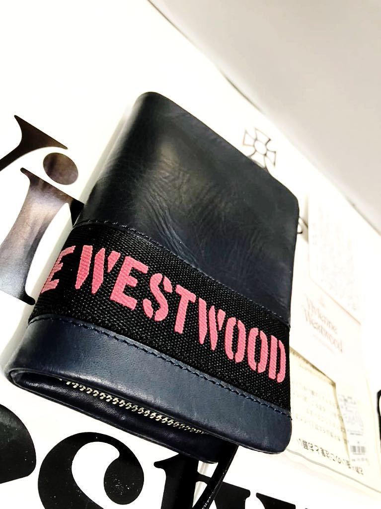 送料込●新品● Vivienne Westwood コンパクト財布 ネイビーB 本牛革 ロゴベルト L字ファスナー ヴィヴィアン ウエストウッド ビビアン