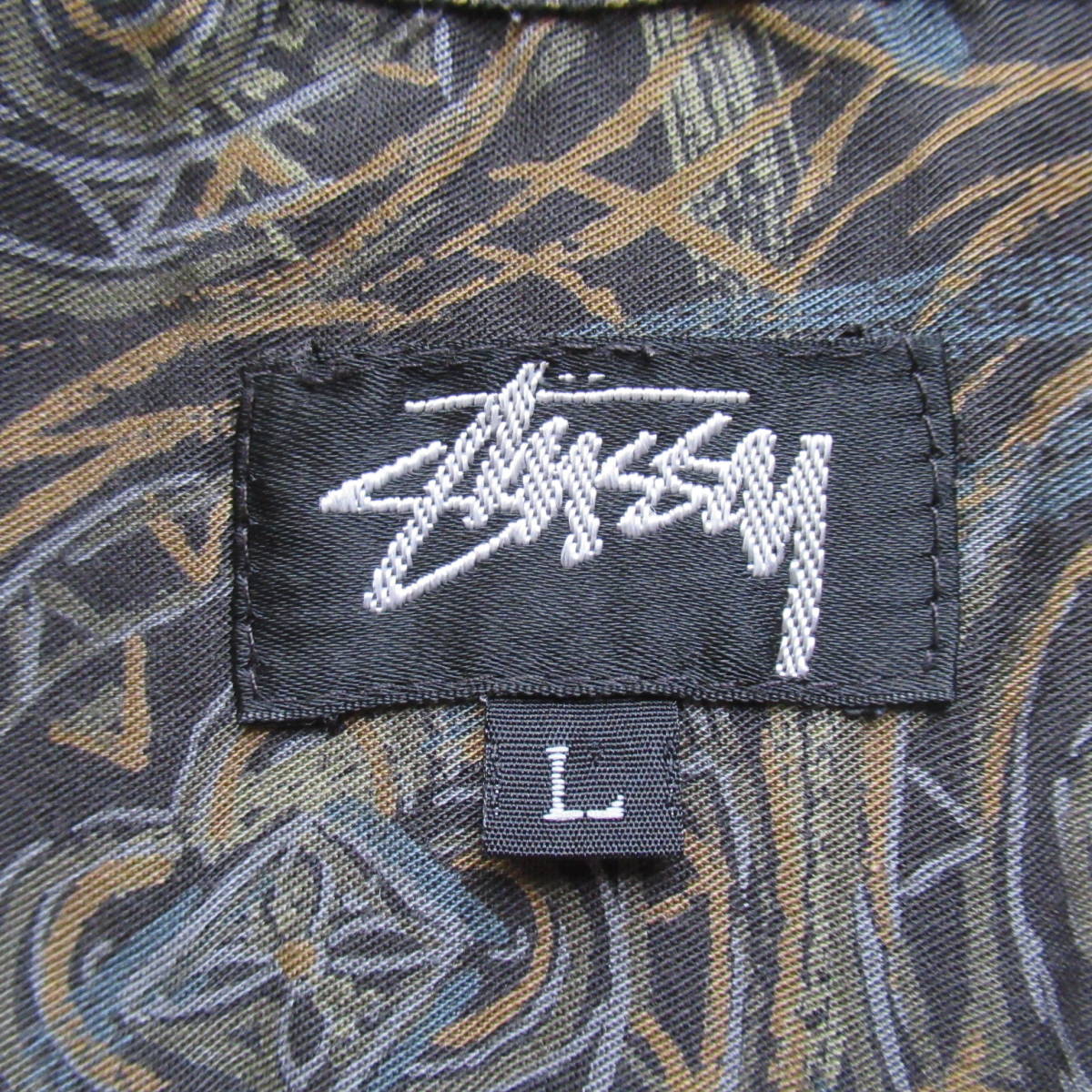 ★即決送込★良品 L 80s USA製 STUSSY old oldstussy レーヨン 黒タグ 総ガラ 半袖シャツ ステューシー オールド 古着女子 s m xl shirt_画像5