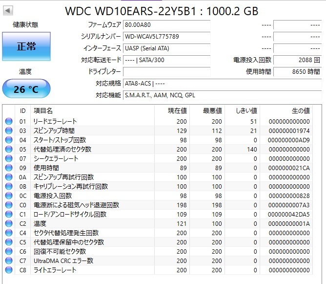 健康状態正常 6個セット 中古ハードディスク 1TB HDD ウエスタンデジタル WD10EACS他 まとめて CrystalDiskInfo 正常 3.5インチ SATA_画像10