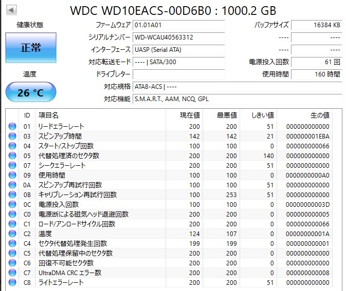 健康状態正常 6個セット 中古ハードディスク 1TB HDD ウエスタンデジタル WD10EACS他 まとめて CrystalDiskInfo 正常 3.5インチ SATA_画像8