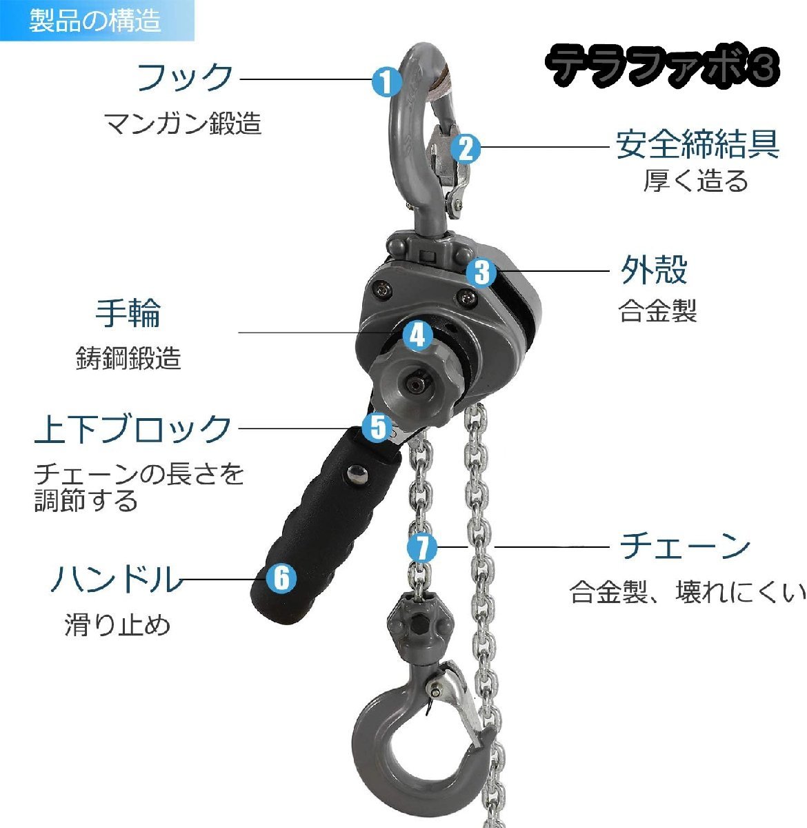 レバーホイスト 軽量化 アルミ合金 チェーンローラー 高品質 0.75T/1.5T/3T 750Kg/1500Kg/3000Kg チェーン1.5m/3m手動式レバー(0.25T/1.5m)_画像4