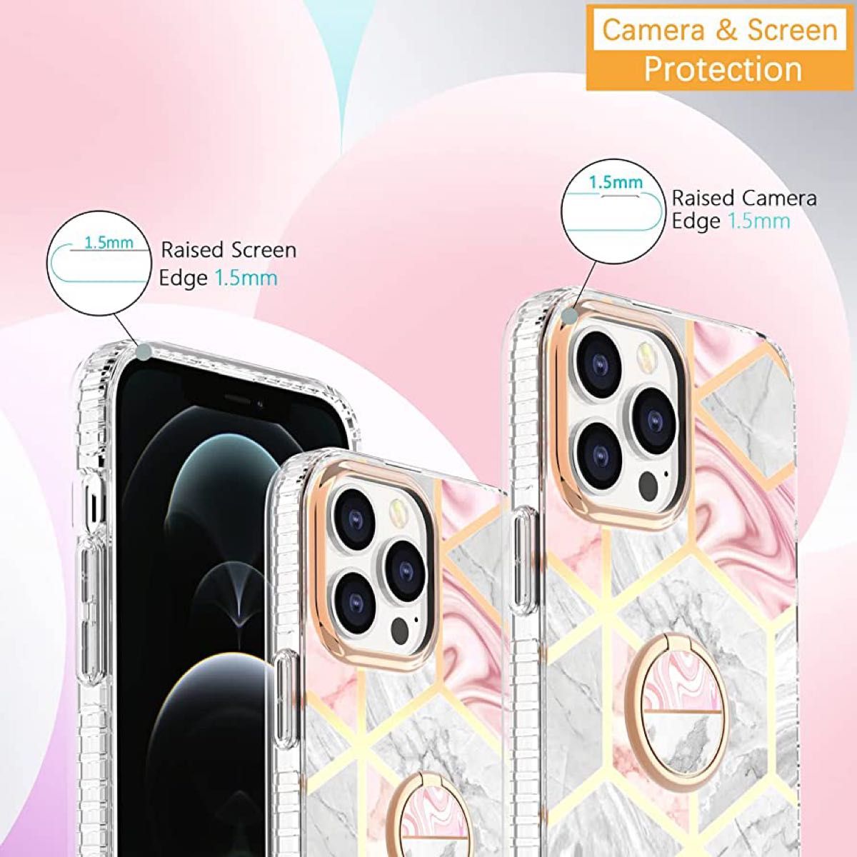 iPhone 13Pro iPhoneケース　スマホケース　スマホリング付き　ピンクベース　ホワイト　ゴールド