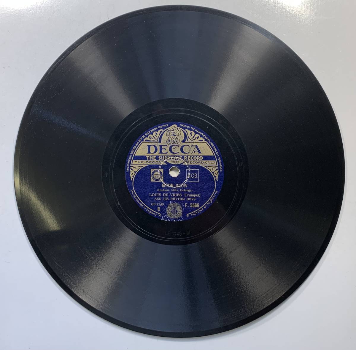LOUIS DE VRIES AND HIS RHYTHM BOYS/ST. LOUIS BLUES/MOON GLOW/ (DECCA F.5566) SP запись 78 RPM ( Британия )