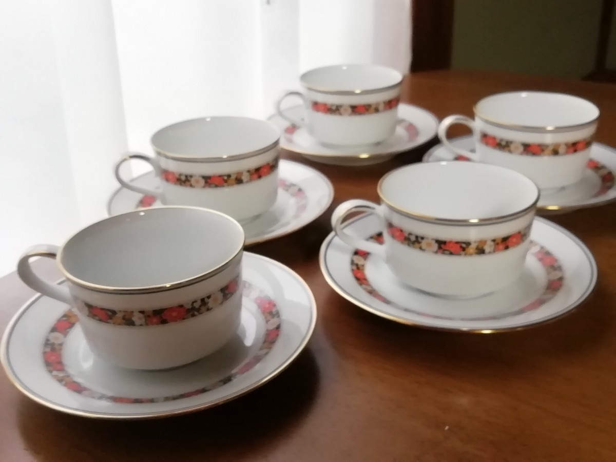 Noritake カップ&ソーサー 5客 金彩 花柄 KENILWORTH オレンジ コーヒーカップ ティーカップ ノリタケ レトロ cup and saucer 送料無料