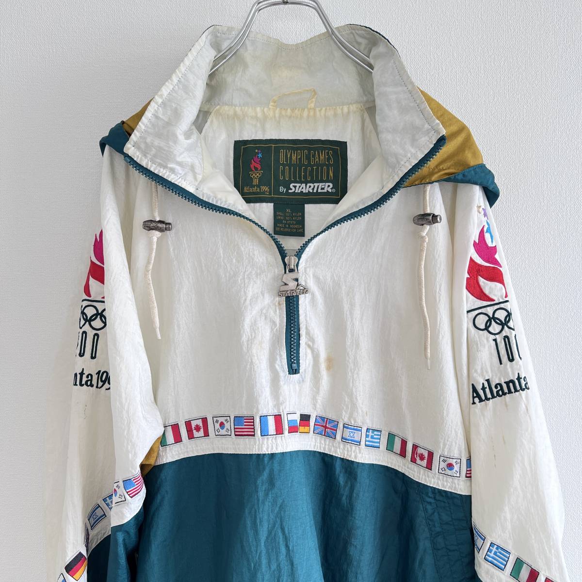 90s STARTER スターター 1996アトランタ五輪 ハーフジップ ナイロンプルオーバージャケット 万国国旗 刺繍 XL 白×緑
