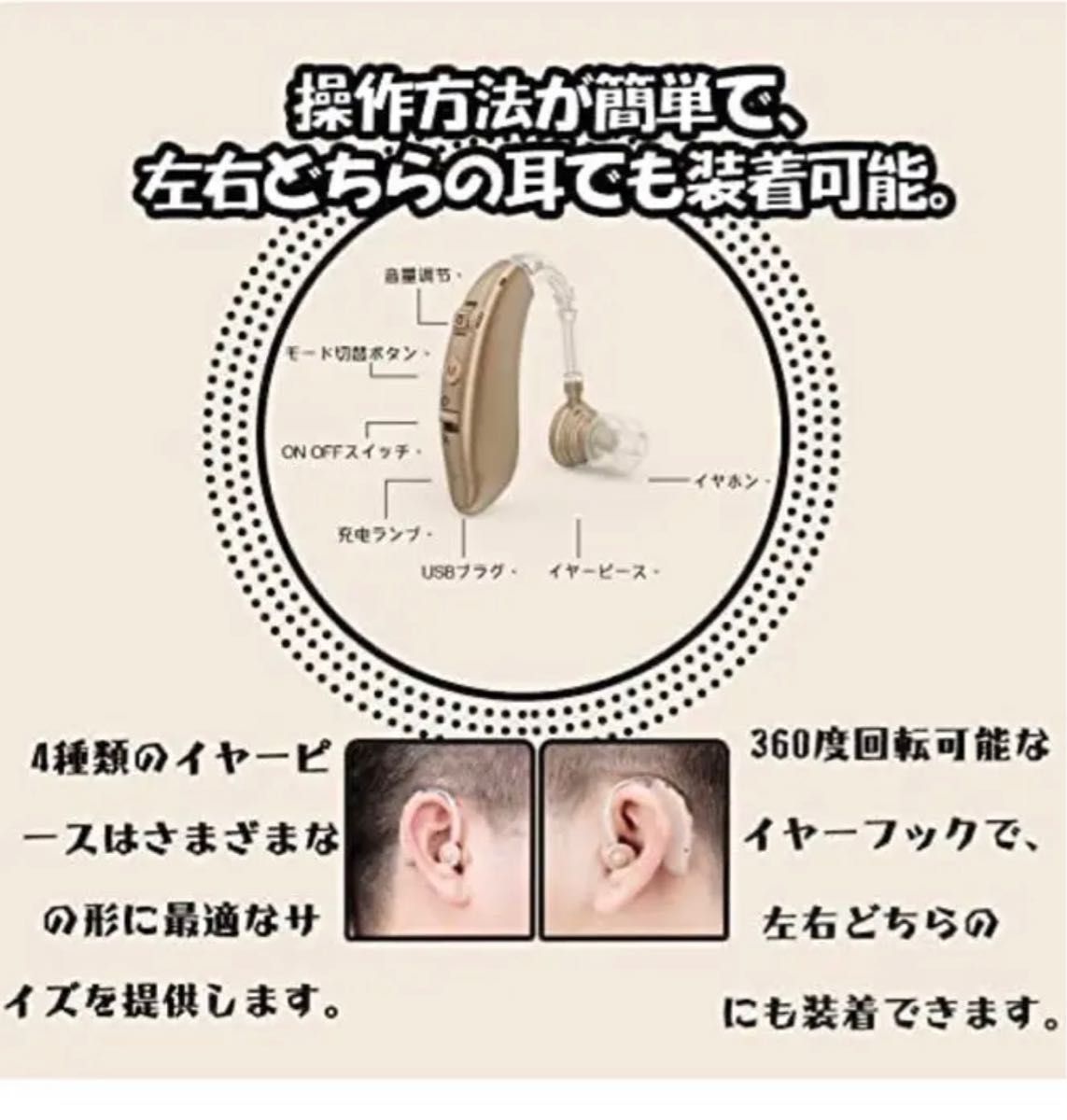 集音器 充電式 軽量 左右両用耳掛け式 4種類モード 音質切り替え機能を搭載 高級シリコーン 日本語取扱説明書付き