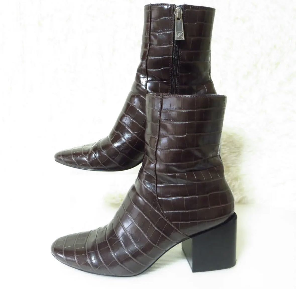 [ одежда ]* прекрасный товар * ZARA Zara черный ko type вдавлено . коричневый n ключ каблук ботинки 25.5. боковой Zip Brown женский модный обувь обувь 