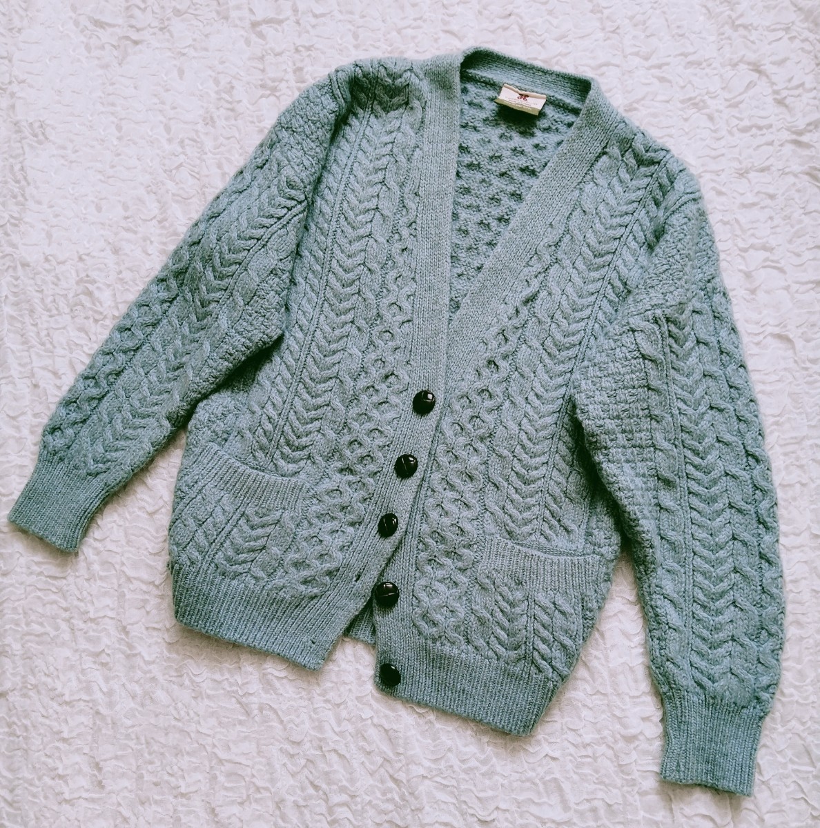 CARRAIG DONN*キャレイグドン*アイルランド製*カーディガン*アラン模様*ケーブルニット*フィッシャーマン*水色*くすみカラー*Lくらい_画像1