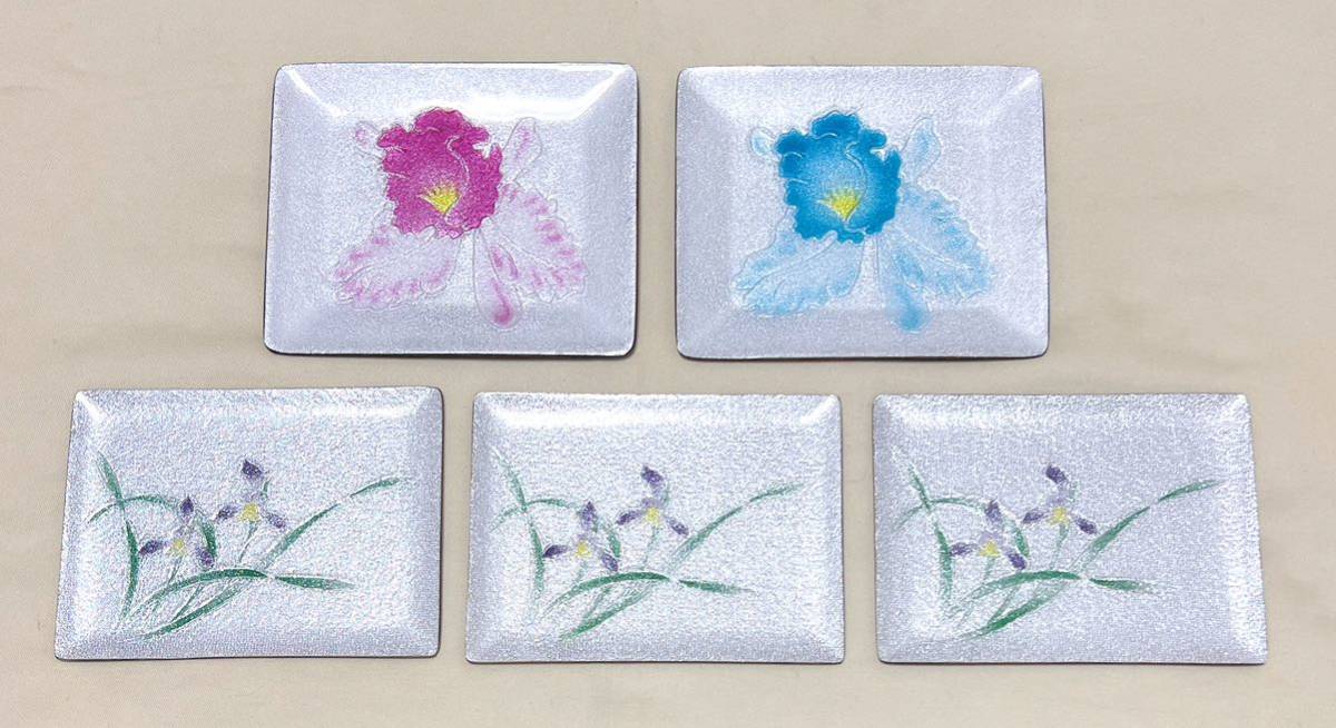 七宝焼 花柄 四角皿 和菓子皿5枚 美術工芸品の画像1