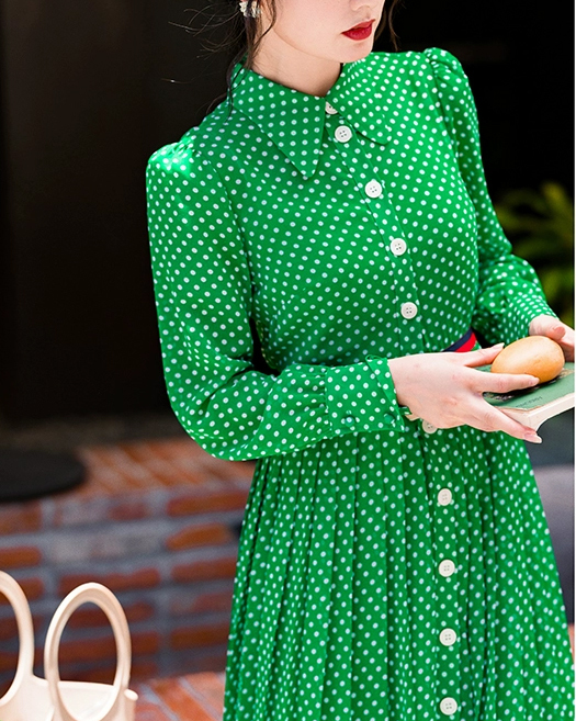 レディースエレガントドット柄ワンピースプリーツスカート緑色XL