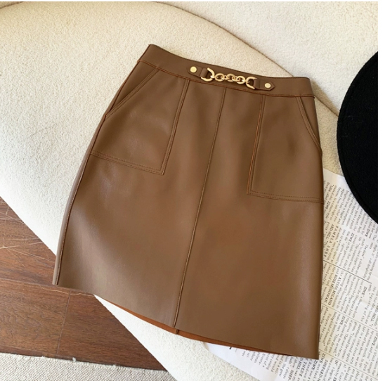 レディースラムレザースカート茶色台形スカートXL