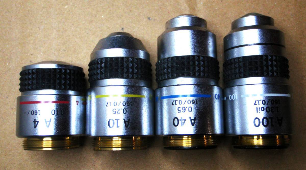 [JN610298Ob]●Olympus A4・A10・A40・A100、顕微鏡対物レンズ４個、ケースなし、 A4・A10は視野像確認。保管品・実用・USED【匿名配送】