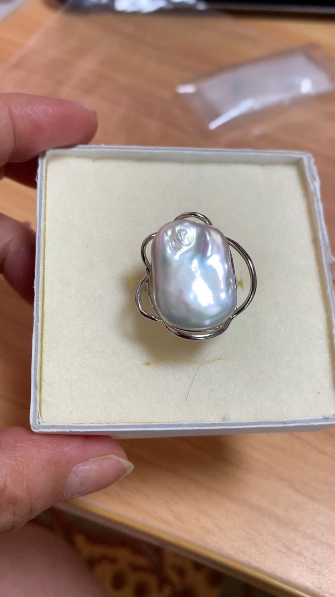最終値下げ★大粒 虹 白蝶真珠 天然バロックパールリング、