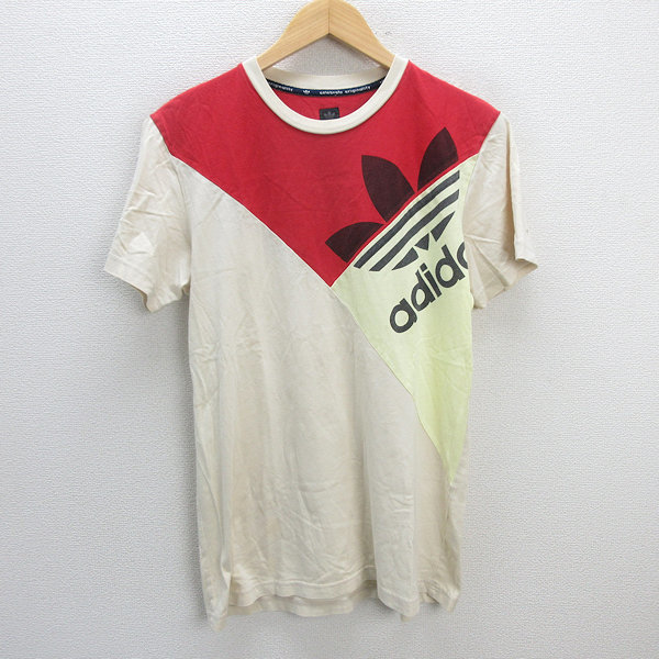 k■アディダス/adidas ビッグトレフォイルロゴ プリントTシャツ【L】赤ベージュ/MENS■115【中古】_画像1