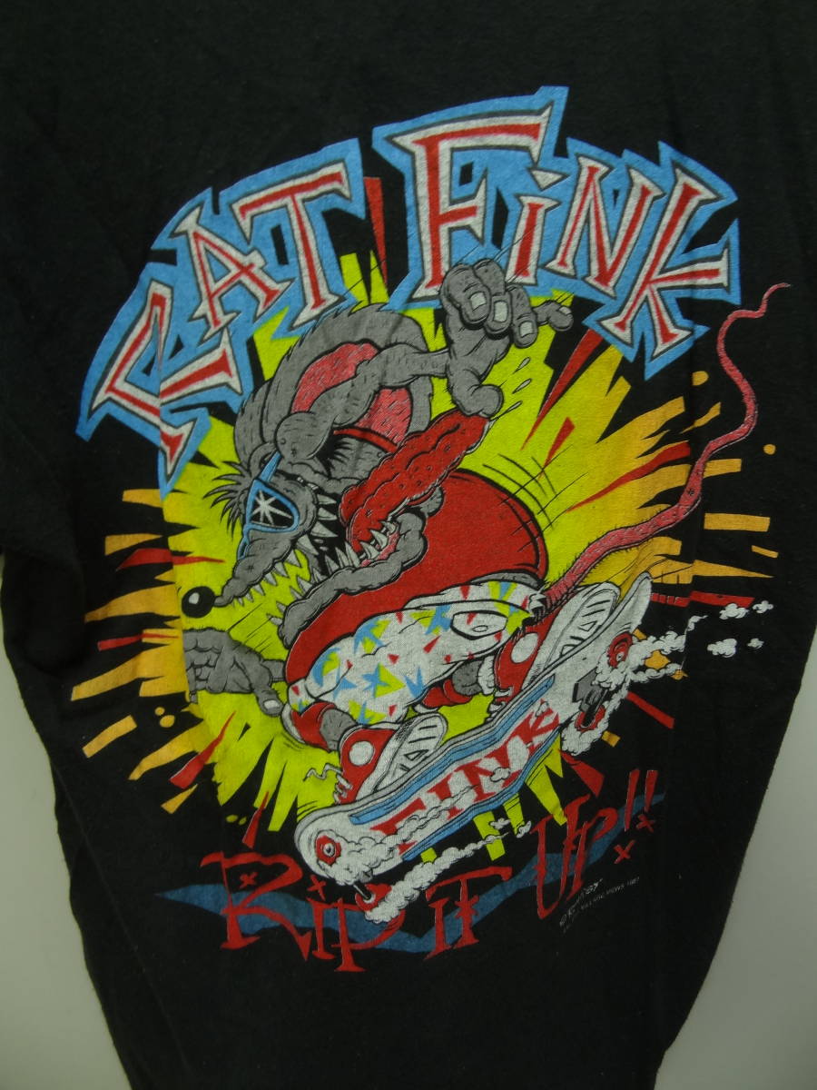 全国送料無料 アメリカ USA古着 1987年ビンテージ Ed Roth RAT FINK ラットフィンク MADE IN USA メンズ 黒色スケートボードRAT Tシャツ M _画像8