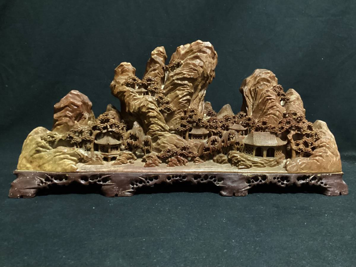 終活委託出品】細密彫刻 寿山石置物 古玩 蝋石 中国美術山水楼閣極上
