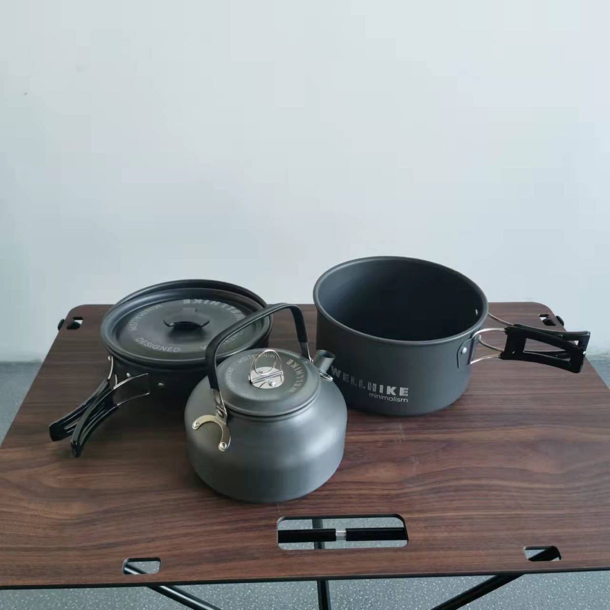 調理器具セット キャンプ用品 クッカーセット 鍋アウトドア クッカー セット ケトル 鍋 フライパン 3点 料理 コンパクトの画像1
