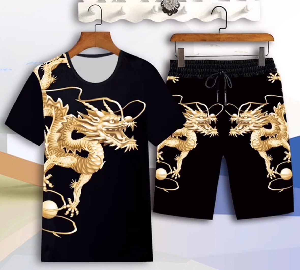 【新品】L★ (体重50-65キロ) 龍 金龍ドラゴン 半袖 上下 Tシャツ セット_画像1