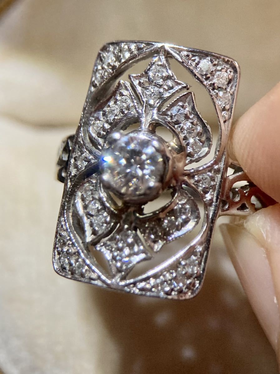 米国 アンティーク k14WG 透かし彫り ダイヤモンド リング