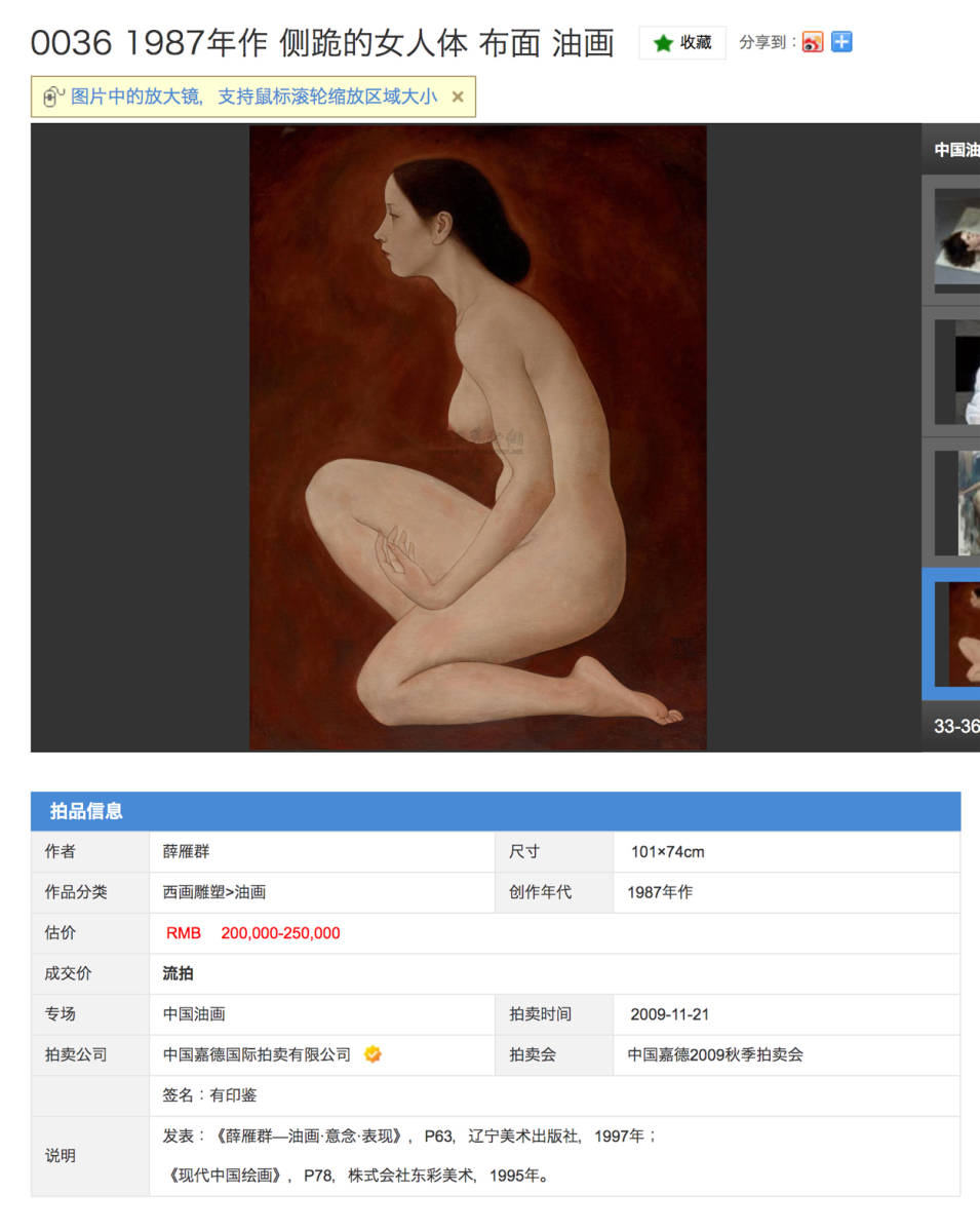 薛雁群 1987年作 側跪的女人体 中国嘉德拍卖出品作 油画 額装 著録品 真作保証 中国 絵画 現代美術_画像6