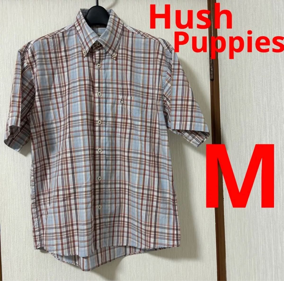 【美品】Hush Puppies ブルーメイト　メンズ　半袖チェック柄シャツ　日本製生地　M