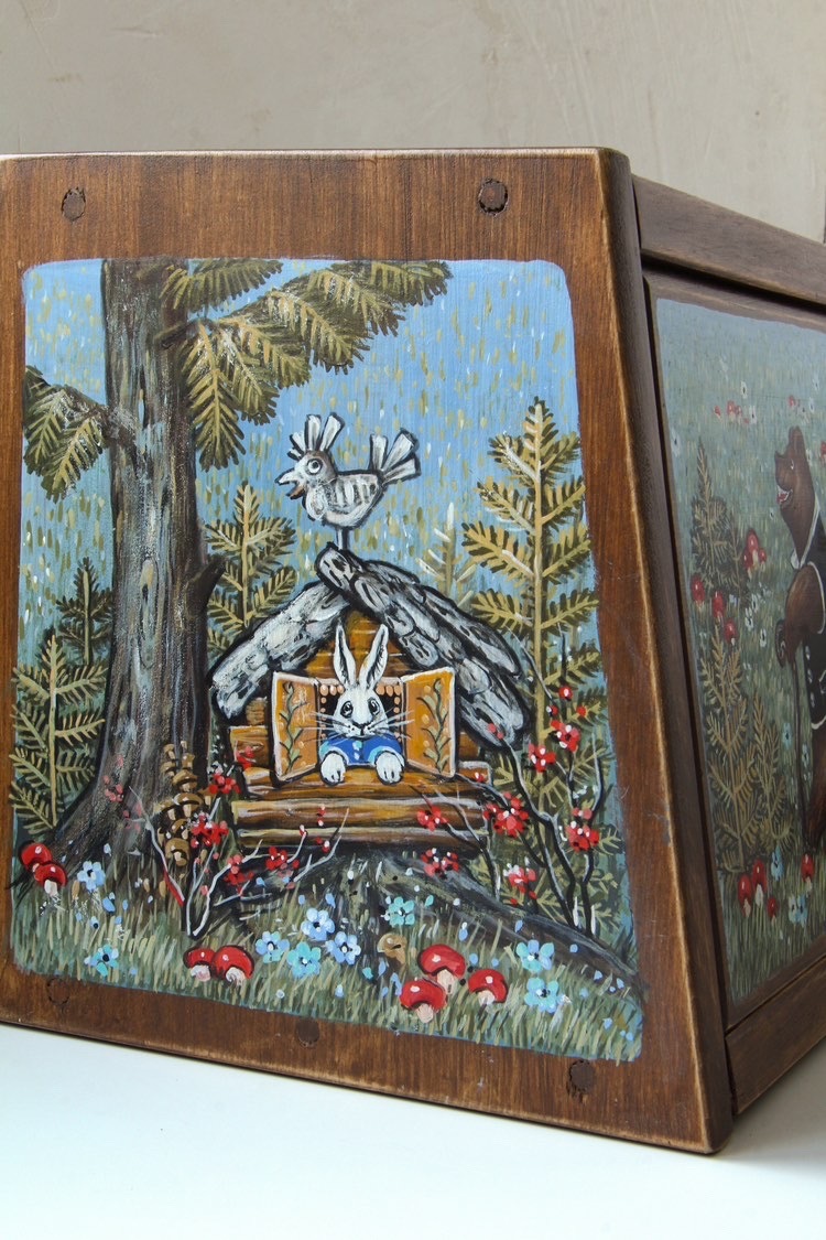 ロシア雑貨☆民話『３匹のクマ&白腹カササギ&ウサギの家』木製Boxマトリョーシカ_画像5