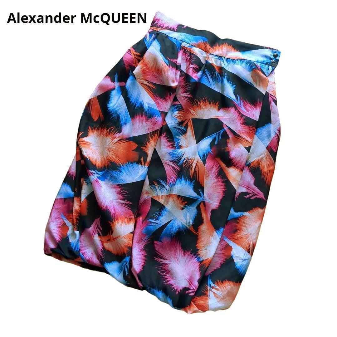 【送料無料】Alexander McQUEEN　アレキサンダーマックイーン　シルク100％　総柄　バルーンスカート　38　Ｍサイズ　タック　イタリア製