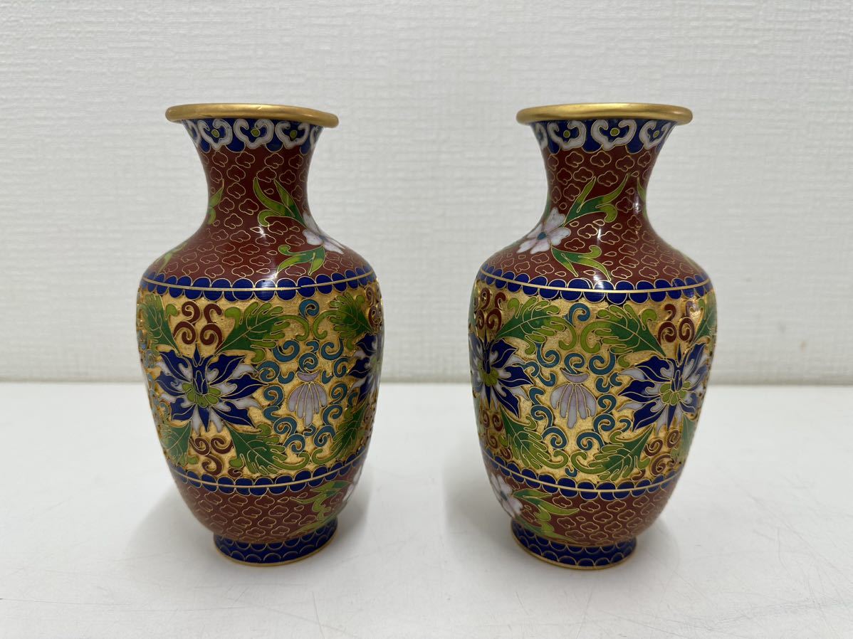 古美術品中国古玩花瓶銅製七宝焼象嵌唐木座唐物本物時代美品高さ約18cm
