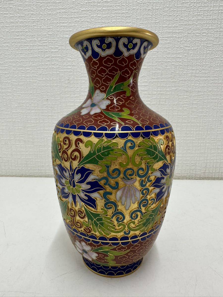 古美術品 中国古玩 花瓶 銅製 七宝焼 象嵌 唐木座 唐物 本物 時代美品