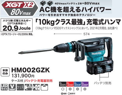 マキタ 充電式ハンマ HM002GZK 本体のみ ケース付 80V 40Vx2 新品