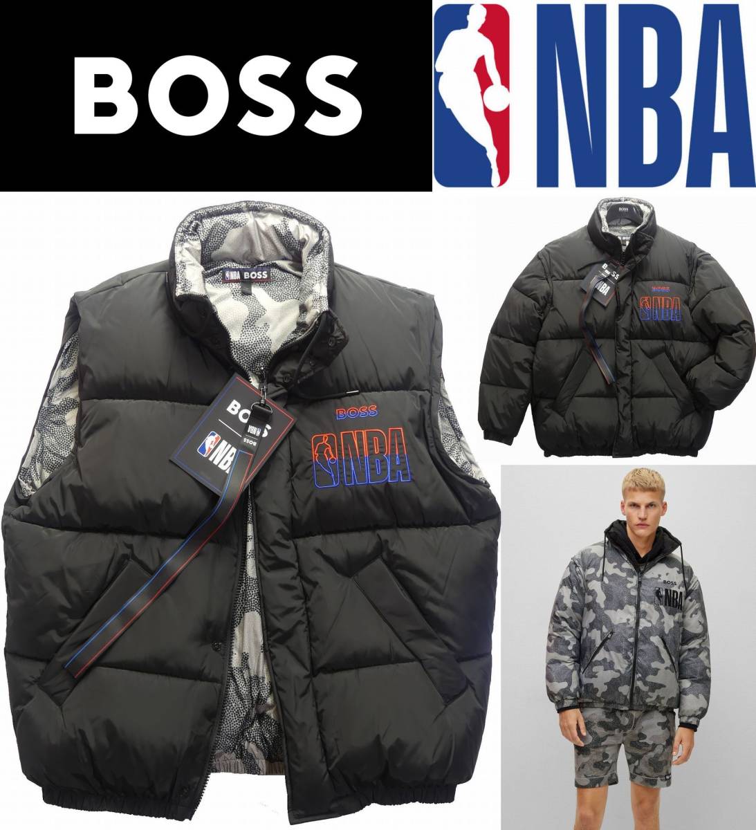  autumn winter thing 93,000 jpy new goods HUGO BOSShyu-go* Boss * reversible. 2WAY.4 in 1! half year . fully put on ..BOSS×NBA eko down black [54= Japan XXL]