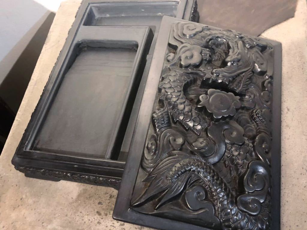 龍彫刻硯 蓋付き大型硯 3kg 書道具 中古 珍品 美術品 工芸品