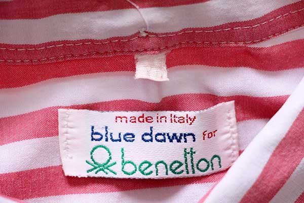 *80s Italy made benetton Benetton stripe three point stop button down short sleeves cotton shirt pink × white * Old Vintage euro 