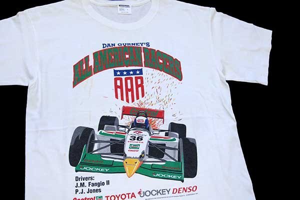 ★90s USA製 DAN GURNEY'S ALL AMERICAN RACERS 両面プリント コットンTシャツ 白 L★オールド ビンテージ TOYOTA トヨタ Castrol DENSO_画像1