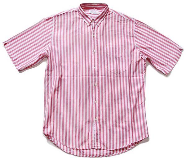 *80s Italy made benetton Benetton stripe three point stop button down short sleeves cotton shirt pink × white * Old Vintage euro 