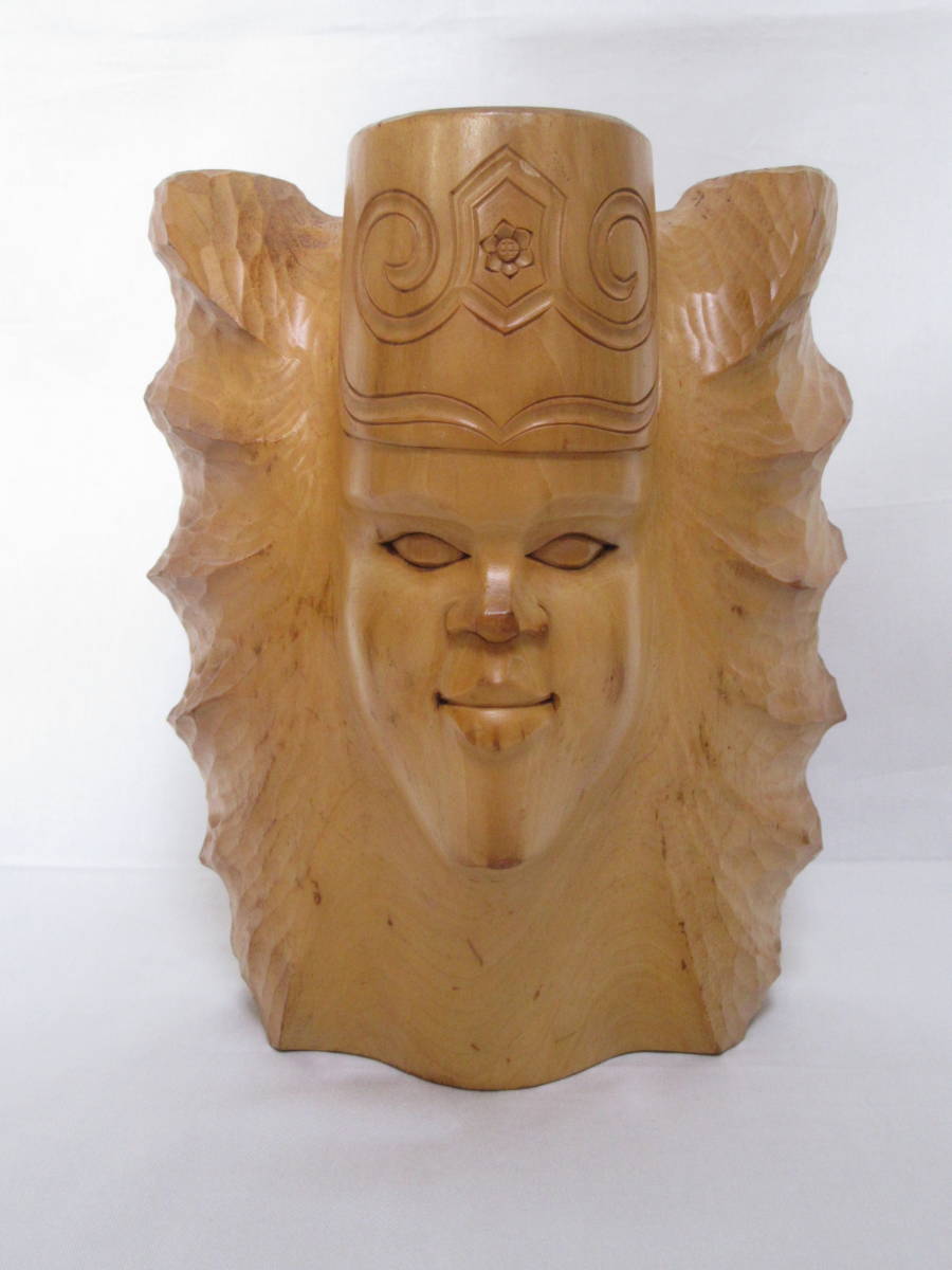 【即決価格】アイヌ 民族 民芸 木製 木彫り（シナの木）創作彫刻 顔 壁掛け レリーフ オブジェ インテリア