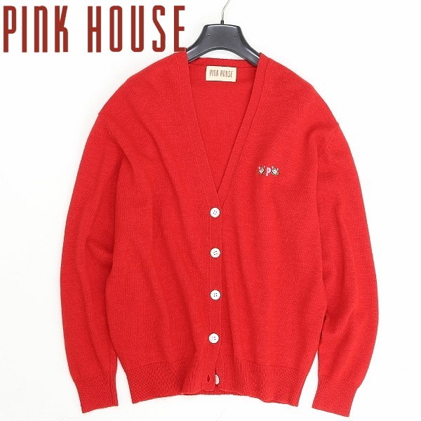  Vintage *PINK HOUSE Pink House цветок цветок & Logo вышивка шерсть вязаный кардиган красный красный 