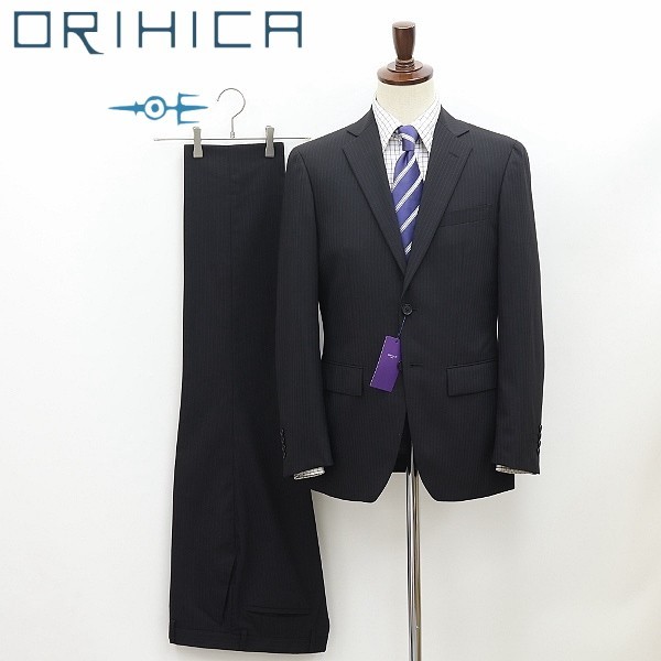 美品◆ORIHICA オリヒカ ストライプ柄 2釦 スーツ セットアップ 黒 ブラック 92A5