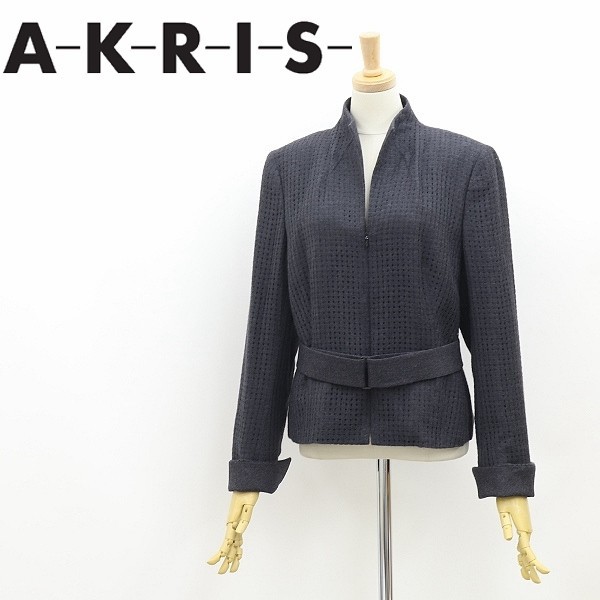 美品◆AKRIS アクリス ウール ベルテッド ジップ ジャケット チャコール 10_画像1