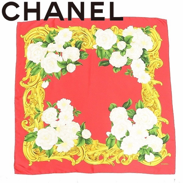 ◆CHANEL シャネル 花 フラワー柄 シルク100％ 大判 スカーフ レッド