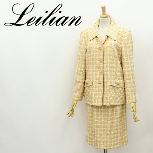 ◆Leilian レリアン×Tissage des Chaumes フランス製生地 総柄 織り柄 デザインボタン ジャケット＆スカート スーツ セットアップ 11