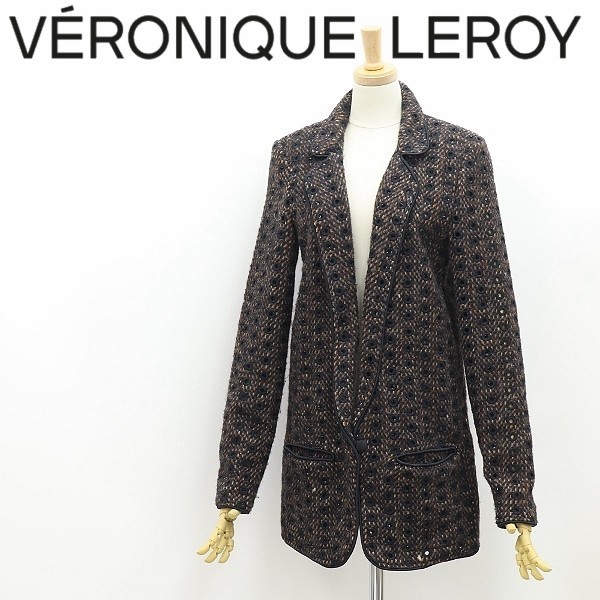 美品◆VERONIQUE LEROY ヴェロニク ルロワ アイレットレース ウール ニット パイピング ジャケット 36_画像1