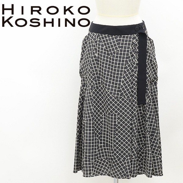 美品◆HIROKO KOSHINO ヒロココシノ チェック柄 幾何学模様 タック フレア ロング スカート 38