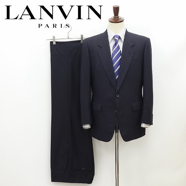 ◆LANVIN ランバン 裏地ロゴ総柄 マルチストライプ 2釦 スーツ セットアップ 紺 ネイビー R46