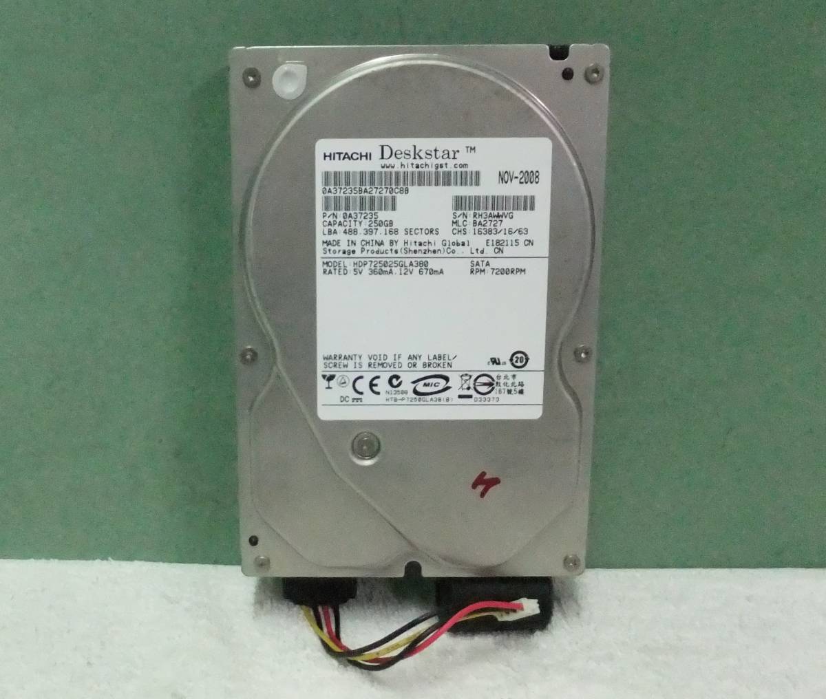 ハードディスク HITACHI HDP725025GLA380 HDD 250GB（レコーダー DV-AC82から外し）中古_画像1