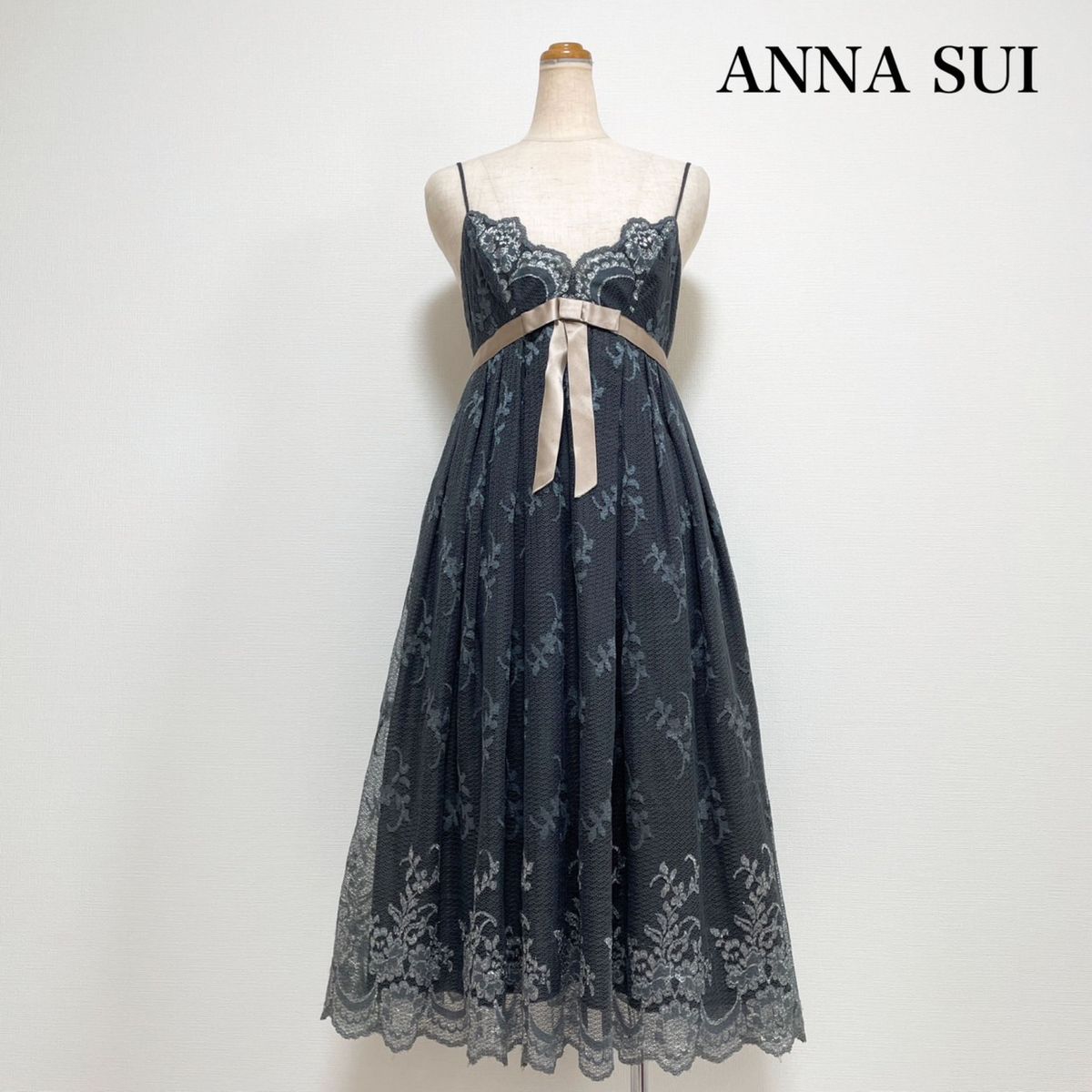 ANNA SUI アナスイ ドレスワンピース グレー アメリカ製 美シルエット 結婚式 二次会 パーティー 演奏会 発表会