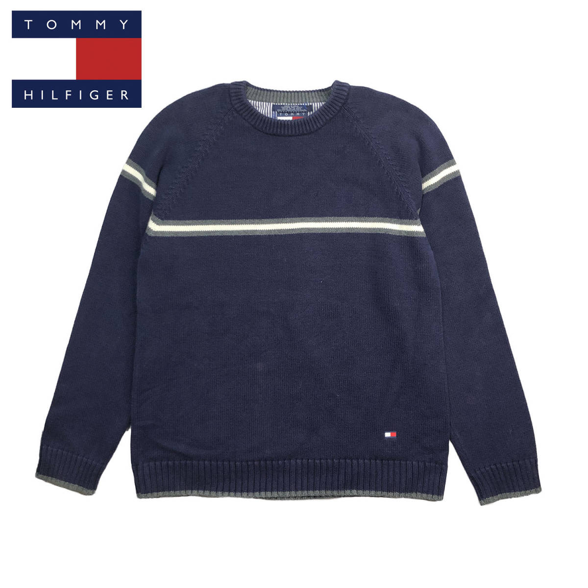 90S トミーヒルフィガー コットンニット クルーネック ライン セーター メンズXL ネイビー TOMMY HILFIGER 大きいサイズ 古着  BJ0398